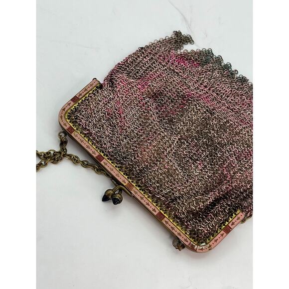 Antique Ornate German Enamel Mesh Coin Purse Bag Pink Repousse Frame Lining good - Picture 16 of 16